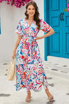 Multicolor Abstract Printed Wrap V Neck Belted Maxi Dress - £24.04 GBP+