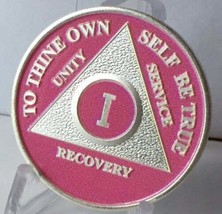 Pink Silver Plated AA Alcoholics Anonymous Medallion Chip Year 1 - 65 - $16.99