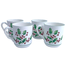 Sango White Christmas 12oz Coffee Mugs Holly Berry Tea Hot Chocolate Set 4 1980s - £19.38 GBP