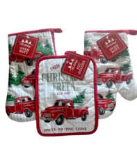 Christmas Tree Red Farm Truck Kitchen Pot Holder Oven Mitt Red Holiday Set Of 3 - £16.15 GBP