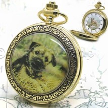 Pocket Watch 14K Gold Plated BORDER TERRIER Dog Design for Men with Chain C52 - £21.49 GBP