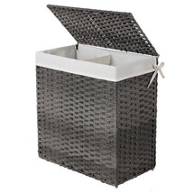 Grey PP Rattan 29-Gal Laundry Hamper Basket w/ 2-Compartment Washable Liner Bag - £115.05 GBP