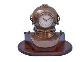 Antique Brass Decorative Divers Helmet Clock on Rosewood Base 12&quot;&quot; - £187.62 GBP