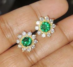 2Ct Round Lab Created Emerald Flower Stud Earring 14K Yellow Gold Plated Silver - $271.14