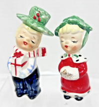 Vintage Christmas Boy Girl Salt Pepper w Holly Hats Scarfs Presents Kissing - $34.16