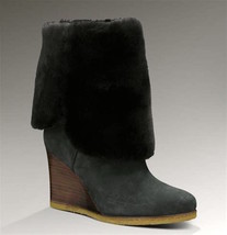 Ugg &#39;aprelle&#39; Wedge Tall Boots Black Suede Real Fur Lined - Us Size 5M - New - £233.62 GBP