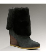 UGG &#39;Aprelle&#39; WEDGE Tall BOOTS BLACK SUEDE Real FUR Lined  - US SIZE 5M ... - £235.36 GBP