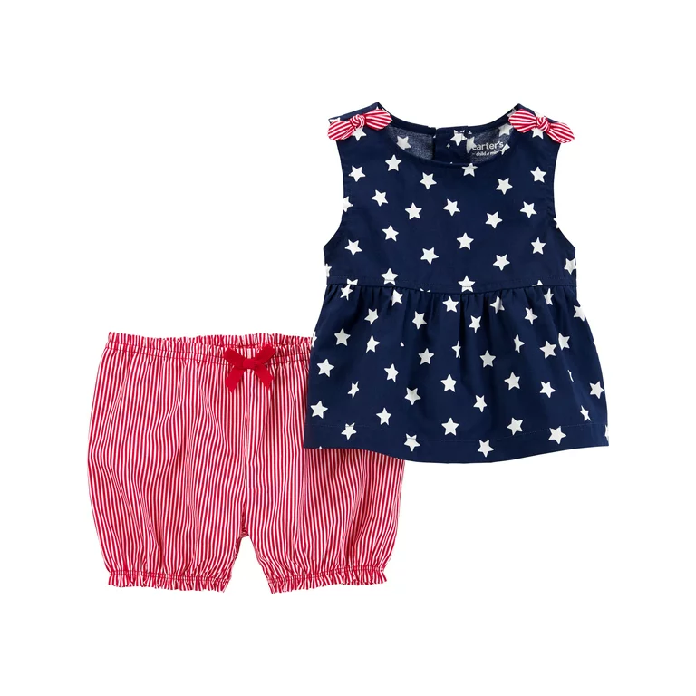 Carters Child of Mine Baby Girl Patriotic Dress Set 2-Piece Blue w/Stars Newborn - £11.64 GBP