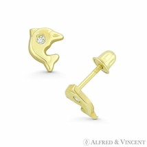 Baby Dolphin Animal Charm CZ Crystal Stamping Stud Earrings in 14k Yellow Gold - £52.19 GBP