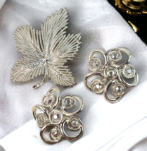 VTG Sarah Coventry Brooch Earrings Set 2 Rhinestone Leaf Silver Tone Cot... - £15.32 GBP