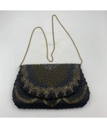 2000s Royal Black And Gold Beaded Shoulder Evening Formal Purse 5&quot;x8.5” ... - $16.99