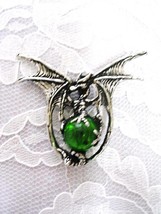 Winged Dragon And Dark Green Glass Ball Fantasy Pewter Pendant Adj Necklace - £17.39 GBP