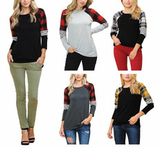 Womens Long Sleeve Plaid Stripe Colorblock Round Neck Shirt - £19.88 GBP