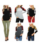 Womens Long Sleeve Plaid Stripe Colorblock Round Neck Shirt - £18.74 GBP