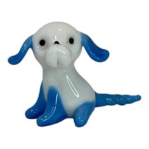 Art Glass Dog Puppy Mini Figurine Hand Blown White Blue Lampwork Whimsical - $12.79