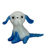 Art Glass Dog Puppy Mini Figurine Hand Blown White Blue Lampwork Whimsical - £10.19 GBP