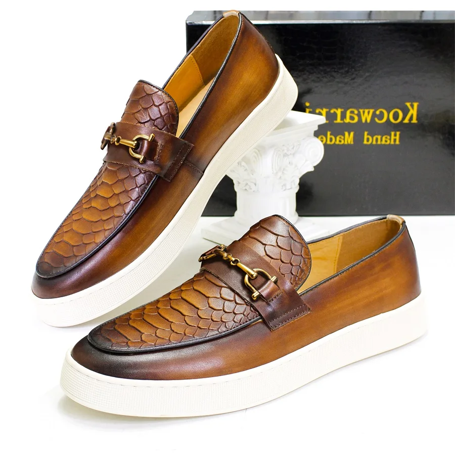 Men&#39;s Leather Casual Shoes Crocodile Pattern Metal Buckle Handmade Shoes... - $115.44