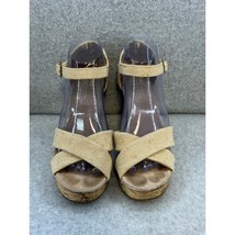 Toms Sandals Natural Sierra Canvas Burlap Crisscross Open Toe Cork Wedge... - $18.70