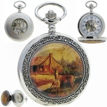 Pocket Watch Mechanical Skeleton See-through Dial Back Deer Enamel Chain Box 14C - $29.99