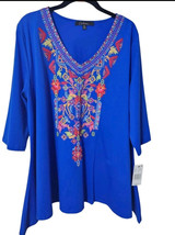 NEW Calessa Stretch Top Embroidered V-Neck 3/4 Sleeve A-Line Tunic Top M L XL - $36.95