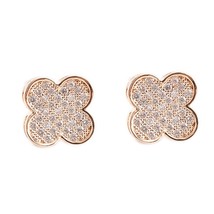 14K Rose Gold Plated Round Simulated CZ Clover Lucky Flower Women Stud Earrings - £26.55 GBP