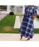 ZARA Blue Plaid Taffeta Dress Belted Tie Waist Midi Buttondown Preppy Small - $67.32