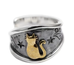 Gold cat black band star ring - $14.11