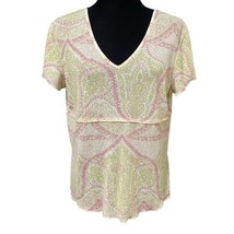 J Jill Floral Paisley Boho Y2K 90s Babydoll Sheer V-Neck Top Size Large - $34.99