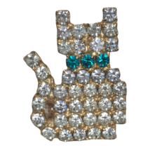 Cat Pin Vintage Gold Tone White Rhinestones Animal Costume Jewelry Green Collar - £9.58 GBP