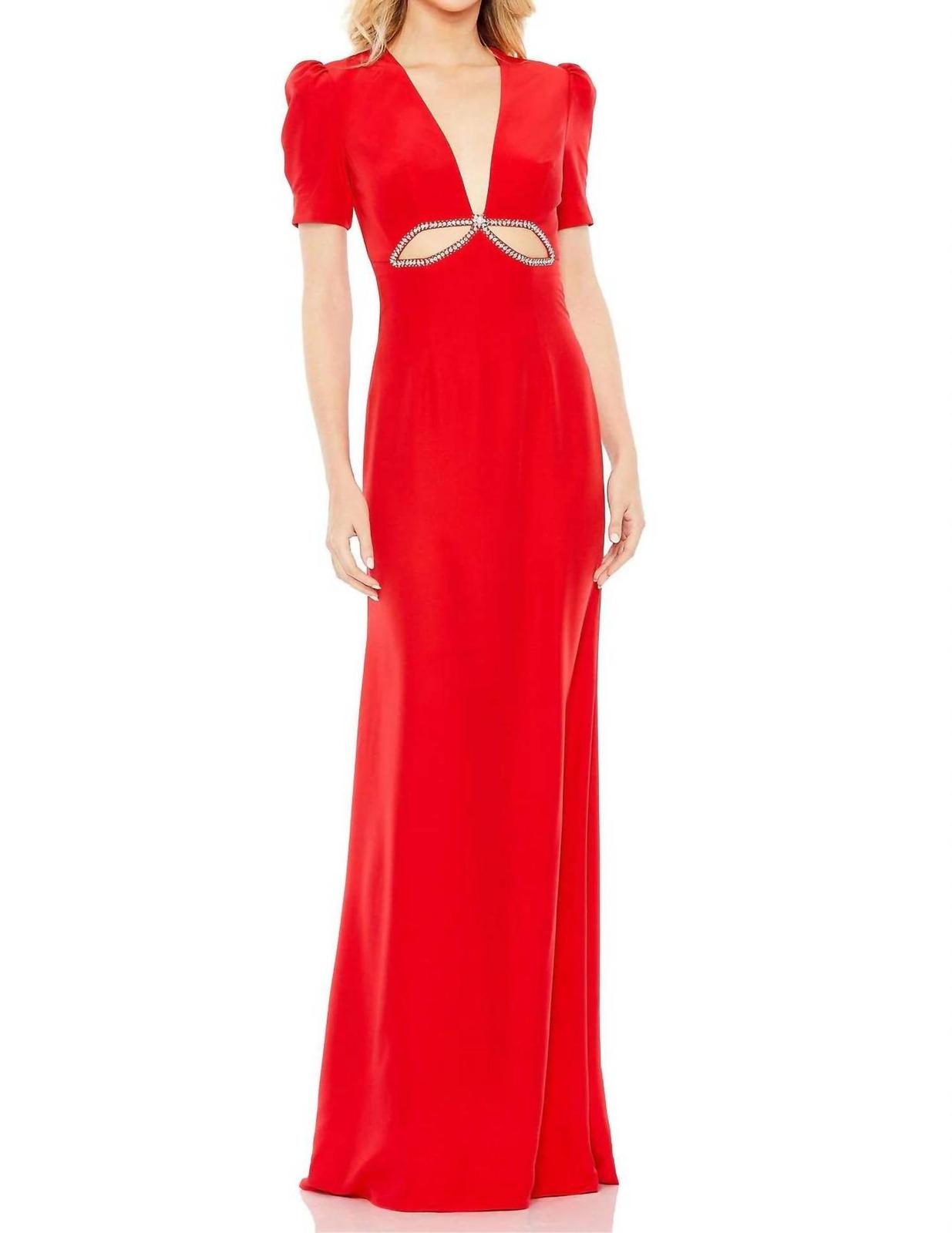 Ieena For Mac Duggal Plunge Neck Puff Sleeve Cut Out Gown Red - $265.00