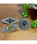 3 Vintage Silver Tone Brooches Faux Black Onyx Peridot Green Fashion Jew... - $29.05