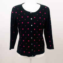 Whimsy Womens Cardigan Sweater Black Pink Polka Dot Long Sleeve Button U... - £70.00 GBP