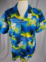 Favant Mens Hawaiian Shirt Sz L Blue Floral Palm Trees Beach Pocket Coconut Btns - £15.79 GBP
