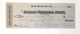 1895 Check First National Bank South Brooksville ME Buck&#39;s Harbor Hotel #42 - $15.00