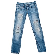 AEO Stretch Medium Wash Distressed Patchwork Blue Skinny Jeans Size 0 - £17.59 GBP