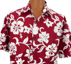 High Seas Trading Company Hawaiian Aloha L Red Shirt Hibiscus Surfer Print - £43.95 GBP