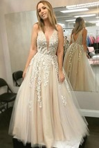 Flowy Princess V-neck Open Back Long Tulle Prom Dress With Appliques - £136.67 GBP