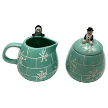 Arctic Holiday 222 Fifth Creamer &amp; Sugar Bowl Lidded Blue Aqua Penguin S... - $44.50