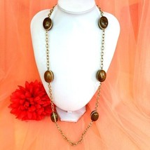 Baskin Brothers Brown Lucite Bead Statement Necklace 34&quot; Long Gold Tone Chain - £14.90 GBP