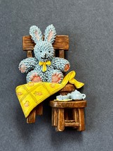 Cute Blue &amp; Pink Easter Bunny Rabbit Sitting on Chair w Tea Set on Table in - £7.55 GBP