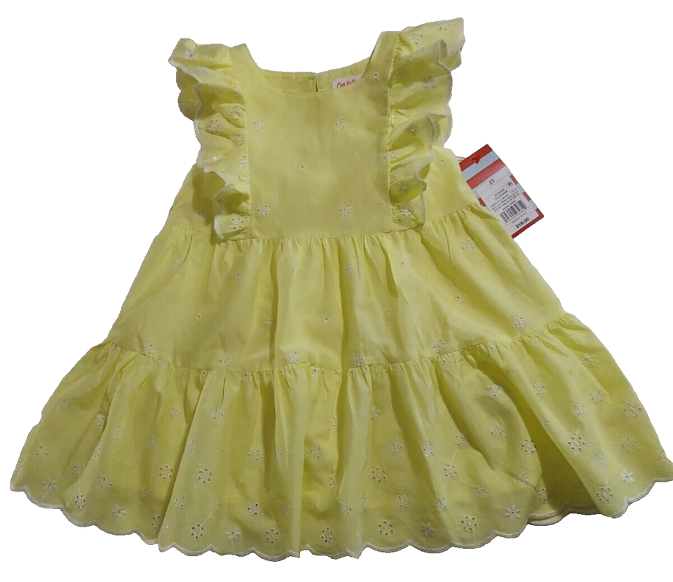 Cat & Jack Girl's 2T Yellow Cotton Eyelet Embroidered Dress Tiered Lined ~ NWT
