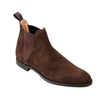 Chelsea Boots Men Brown Color Suede Premium Quality Leather Plain Toe High Ankle - £125.30 GBP