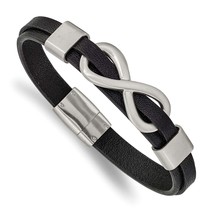 Stainless Steel Brushed and Polished Infinity Symbol Black Leather 8 inc... - $75.00