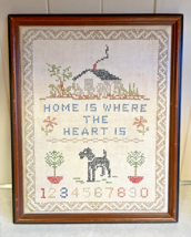 Vtg Cross Stitch Completed Sampler Framed Home is Where the Heart Is Scottie Dog - £23.56 GBP