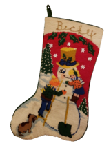 Vtg Christmas Stocking Needlepoint Handmade Wool Snowman Children Dog 60s USA - $75.82