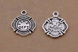 5 Fireman Charms Antiqued Silver Tone Fire Department Hero Pendants Badge 23mm - £2.90 GBP