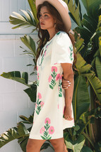 Apricot Floral Short Sleeve Split Neck Loose Mini Dress - $17.61