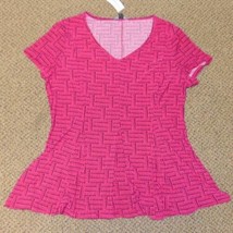 Womens Top Roz &amp; Ali Pink Black Dot Short Sleeve Flared Hem V-Neck Shirt-size L - £11.68 GBP