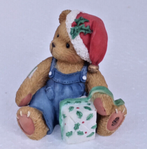 Cherished Teddies Minature Boy Bear with Overalls &amp; Santa Hat &amp; Present - $9.49