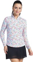 IBKUL UPF 50+ Amara Heart Print Long Sleeves Zip Mock Neck Golf Top in White L - £45.17 GBP